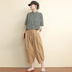 Áo sơ mi linen ngắn tay cổ đứng hai túi vuông  - NU7418