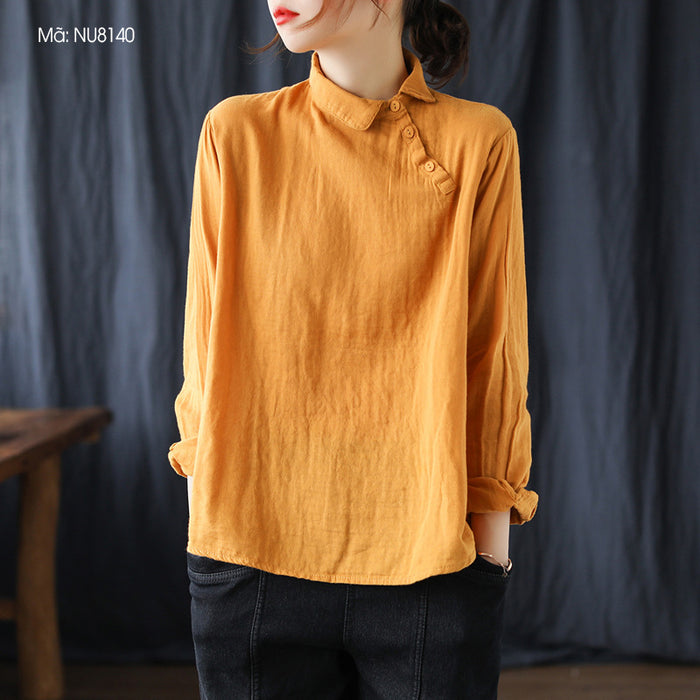 Áo sơ mi linen dài tay cổ pipi khuy chéo - NU8140