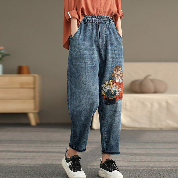 Quần baggy denim lưng thun thêu cô gái bên giỏ hoa - NU7429