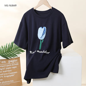 Áo T-shirt ngắn tay cổ tròn thêu hoa tulip - NU8447