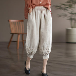 Quần baggy linen lưng thun ống túm thêm hoa lá - NU6990