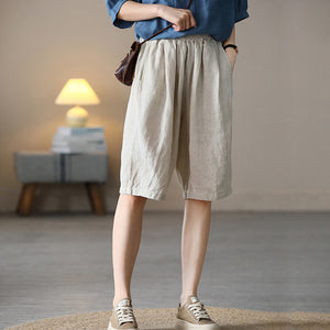 Quần baggy lửng linen lưng thun một màu hai túi chéo  - NU7076