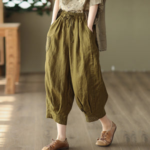 Quần baggy linen lưng thun dây rút thêu hoa hồng - NU7324