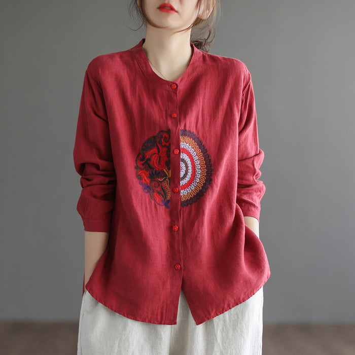 Áo sơ mi linen dài tay cổ tàu thêu hoa văn retro trước ngực - NU6708