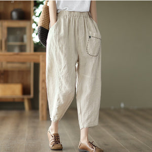 Quần baggy linen lưng thun ba túi thêu hoa lá - NU6815