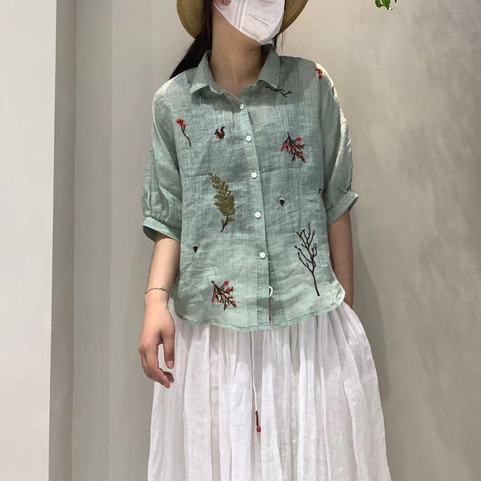 Áo sơ mi linen ngắn tay cổ đức thêu cành lá - NU7133