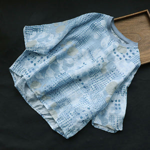 Áo T-shirt linen ngắn tay cổ tròn bo thun in hoa văn - NU7302
