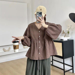 Áo sơ mi linen dài tay cổ V kiểu bo tay - NU8458