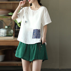 Quần sooc linen lưng thun thêu dây leo đính khuy - NU6959