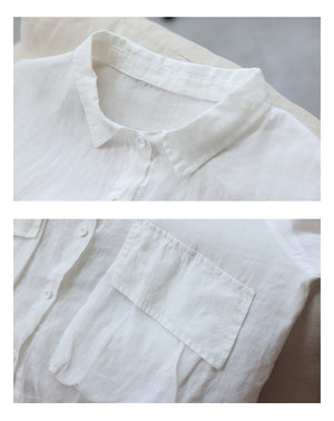 Áo sơ mi linen ngắn tay cổ đức hai túi vương có dây rút - NU7491