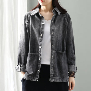Áo khoác denim dài tay cổ đức hai túi ngang - NU3345 - kamaka.vn - thời trang nhật
