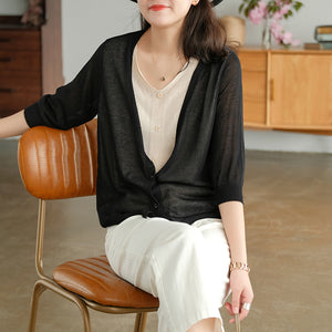Áo khoác len cardigan dệt kim ngắn tay cổ V hai lớp - NU6589
