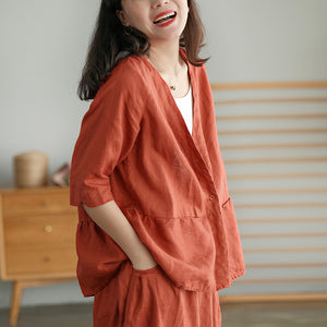 Áo sơ mi linen ngắn tay cổ V form rộng - NU5582