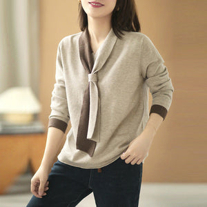 Áo T-shirt dệt kim dài tay cổ kiểu khăn quàng - NU7947