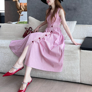 Đầm liền linen sát nách cổ V kẻ sọc đính khuy tròn - OD1312