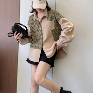 Áo sơ mi dài tay cổ đức hai mảng màu in hoa lá - NU8354