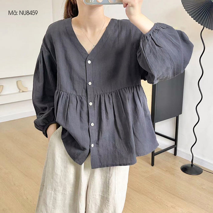 Áo sơ mi linen dài tay cổ V kiểu bo tay - NU8458