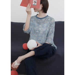 Áo T-shirt linen ngắn tay cổ tròn bo thun in hoa văn - NU7302