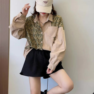 Áo sơ mi dài tay cổ đức hai mảng màu in hoa lá - NU8354