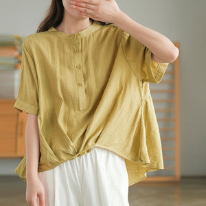 Áo sơ mi linen ngắn tay cổ tròn xếp ly tà lệch bo tròn - NU7388