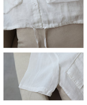 Áo sơ mi linen ngắn tay cổ đức hai túi vương có dây rút - NU7491