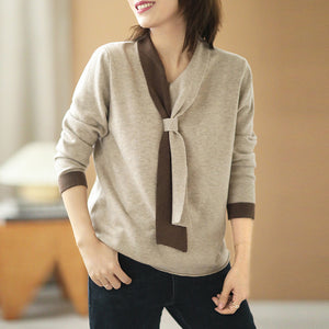Áo T-shirt dệt kim dài tay cổ kiểu khăn quàng - NU7947