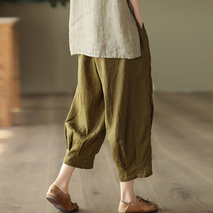 Quần baggy linen lưng thun dây rút thêu hoa hồng - NU7324