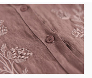 Áo sơ mi linen dài tay cổ đức thêu hoa đối xứng - NU6676