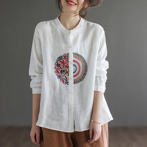 Áo sơ mi linen dài tay cổ tàu thêu hoa văn retro trước ngực - NU6708