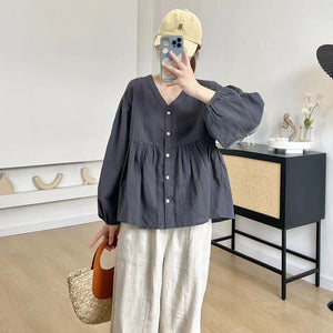 Áo sơ mi linen dài tay cổ V kiểu bo tay - NU8458