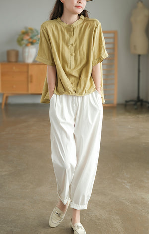 Áo sơ mi linen ngắn tay cổ tròn xếp ly tà lệch bo tròn - NU7388
