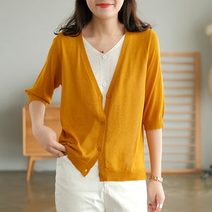 Áo khoác len cardigan dệt kim ngắn tay cổ V hai lớp - NU6589