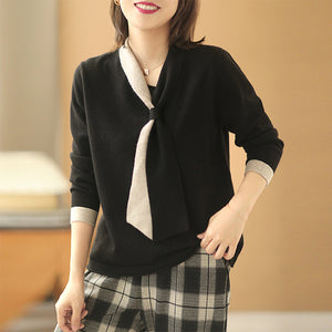 Áo T-shirt dệt kim dài tay cổ kiểu khăn quàng - NU7947