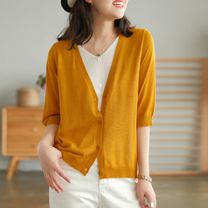 Áo khoác len cardigan dệt kim ngắn tay cổ V hai lớp - NU6589