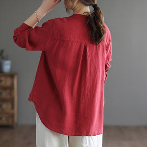 Áo sơ mi linen dài tay cổ tàu thêu hoa văn retro trước ngực - NU6708