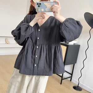 Áo sơ mi linen dài tay cổ V kiểu bo tay - NU8458