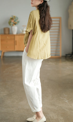 Áo sơ mi linen ngắn tay cổ tròn xếp ly tà lệch bo tròn - NU7388