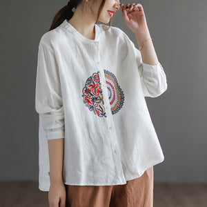 Áo sơ mi linen dài tay cổ tàu thêu hoa văn retro trước ngực - NU6708