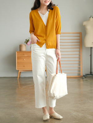 Áo khoác len cardigan dệt kim ngắn tay cổ V hai lớp - NU6589