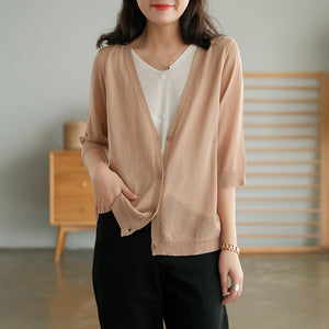 Áo khoác len cardigan dệt kim ngắn tay cổ V hai lớp - NU6589