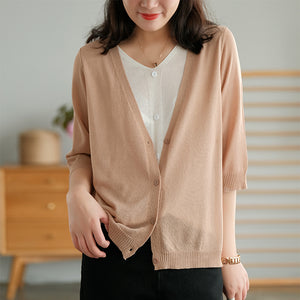 Áo khoác len cardigan dệt kim ngắn tay cổ V hai lớp - NU6589