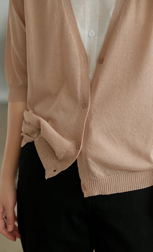 Áo khoác len cardigan dệt kim ngắn tay cổ V hai lớp - NU6589
