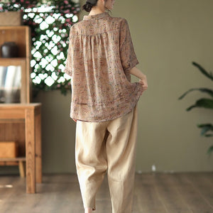 Áo sơ mi linen ngắn tay khuy cài cổ pipi in hoa lá một túi nhỏ - NU6953