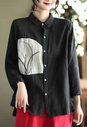 Áo sơ mi linen dài tay cổ đức thêu hoa lan  - NU6724
