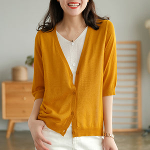 Áo khoác len cardigan dệt kim ngắn tay cổ V hai lớp - NU6589