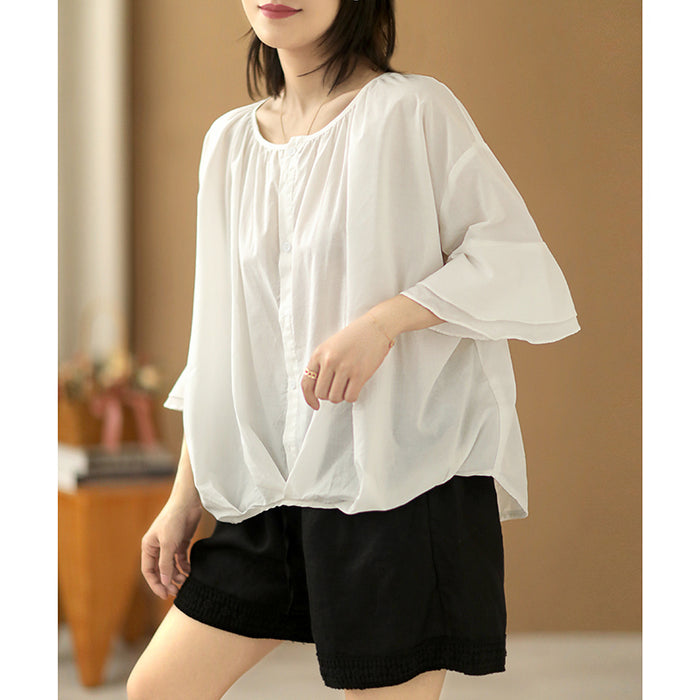 Áo sơ mi ngắn tay hai tầng cổ tròn vạt bo xếp ly  - NU7532