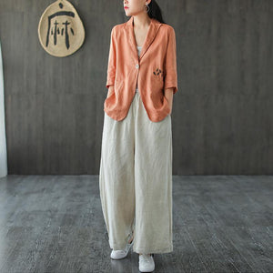 Áo khoác vest linen ngắn tay hai túi thêu nhành hoa - NU7190