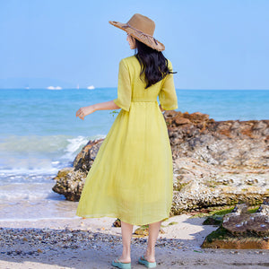 Đầm liền linen ngắn tay cổ tròn thêu bông lúa mạch - OD0738