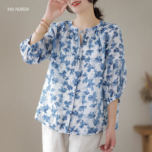 Áo sơ mi linen tay lửng cổ tròn cột dây in hoa lá - NU8533