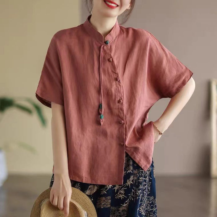 Áo sơ mi linen ngắn tay cổ đứng khuy tròn cài lệch - NU6918